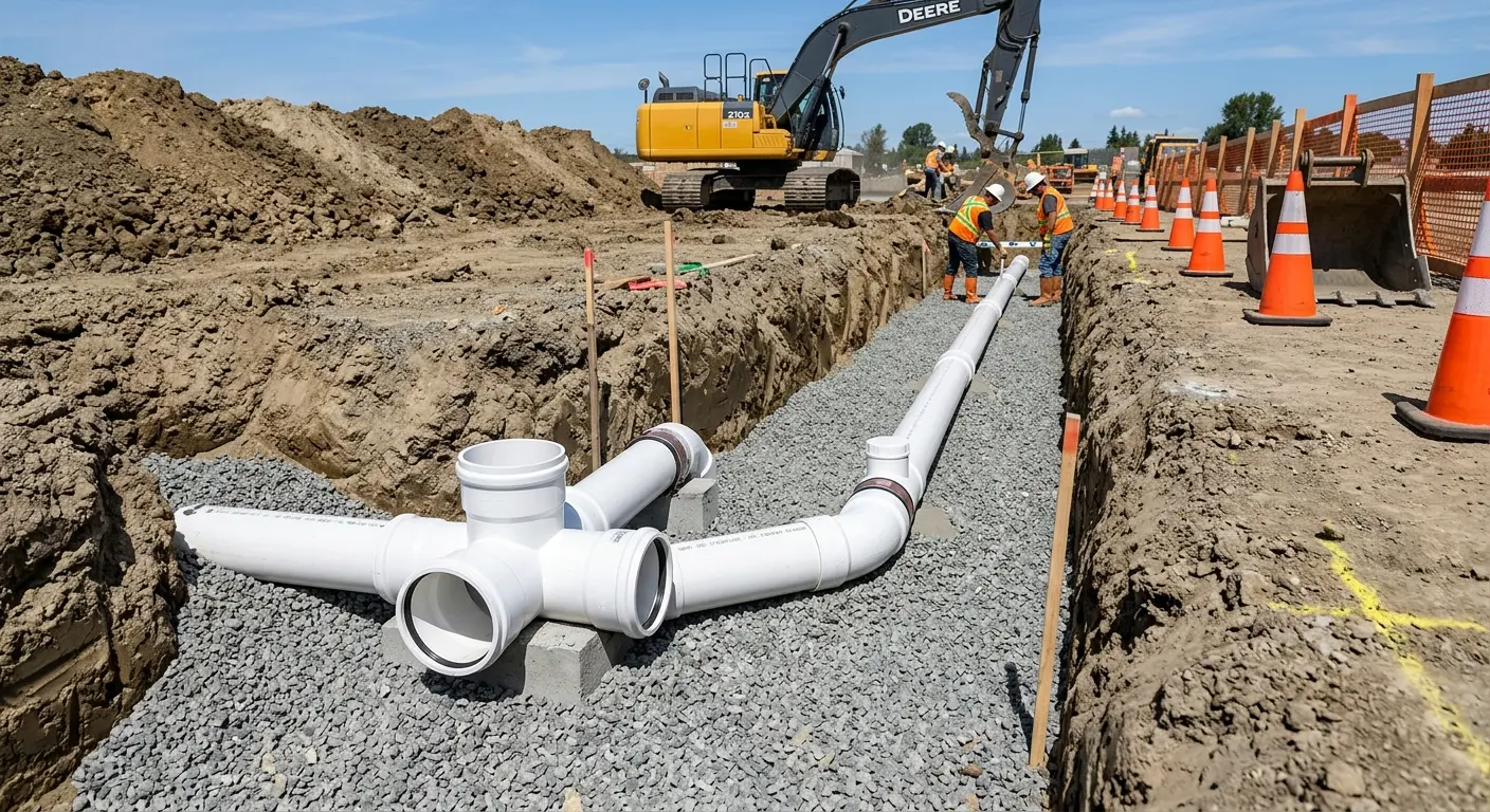 New PVC sewer pipe installation in open trench for Grease Trap Cleaning in Opa-locka